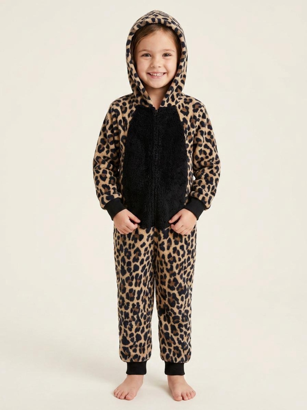 George Leopard-Print Hooded Pajama in Tan & Black